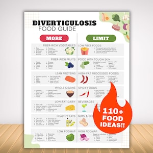 May include: A food guide titled "DIVERTICULOSIS FOOD GUIDE" with lists of foods to eat more of and limit. The guide includes categories like fiber-rich vegetables, lean proteins, whole grains, and healthy fats. A red flame graphic says "110+ FOOD IDEAS!!"
