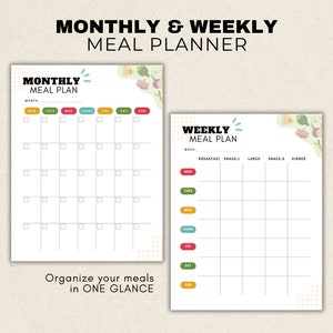 May include: A printable monthly and weekly meal planner with a colorful vegetable design. The planner includes sections for breakfast, snack 1, lunch, snack 2, and dinner.