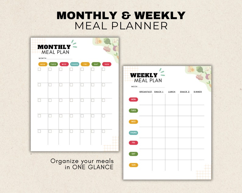 May include: A printable monthly and weekly meal planner with a colorful vegetable design. The planner includes sections for breakfast, snack 1, lunch, snack 2, and dinner.