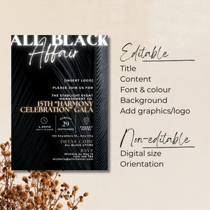Elegant All Black Affair Gala Invitation, Black Tie Affair Banquet Invitation for Gala Program, Prom Flyer or Corporate Invitation image 5