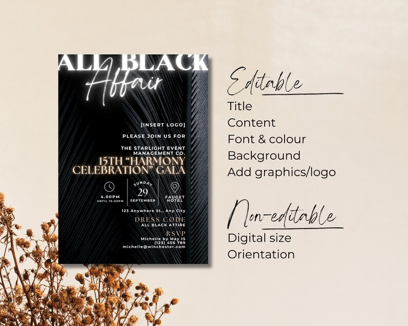 Elegant All Black Affair Gala Invitation, Black Tie Affair Banquet Invitation for Gala Program, Prom Flyer or Corporate Invitation image 5