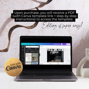 May include: A laptop computer displaying a Canva template for an "All Blacko Affair" event invitation. The template is black with gold accents and features a palm leaf design. The text "Edit with Canva" is displayed on a gold circle sticker on the laptop.