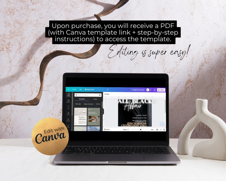 May include: A laptop computer displaying a Canva template for an "All Blacko Affair" event invitation. The template is black with gold accents and features a palm leaf design. The text "Edit with Canva" is displayed on a gold circle sticker on the laptop.