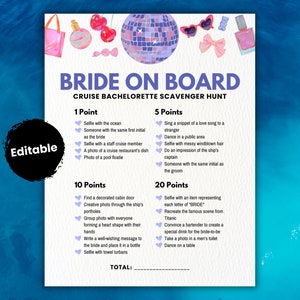 Editable Bachelorette Cruise Scavenger Hunt, Bar Scavenger Hunt for Ladies Night games or lesbian bachelorette, Cruise Bar Crawl