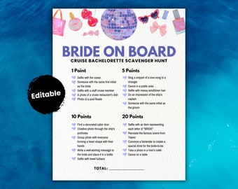 May include: A printable game card with a pink, blue, and white color scheme. The card features the text "Bride on Board" and a list of scavenger hunt challenges for a bachelorette party on a cruise ship. The challenges are divided into three categories: 1 point, 5 points, and 20 points.
