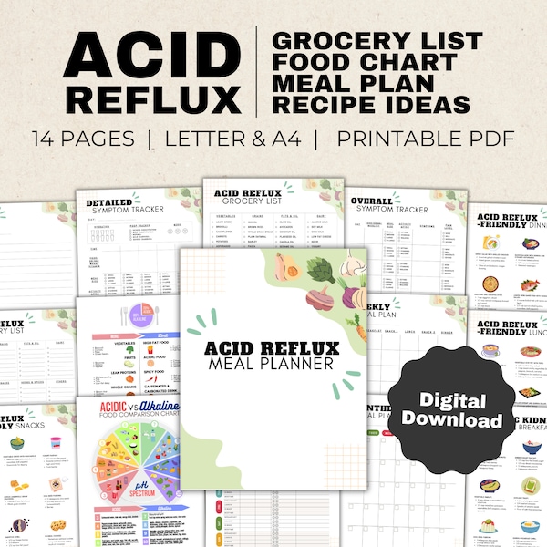 Acid Reflux Einkaufsliste und GERD Essensplan, mit säurearmer Lebensmittelliste und Gastritis symptom tracker, Sodbrennen Lebensmittelführer und Rezeptideen