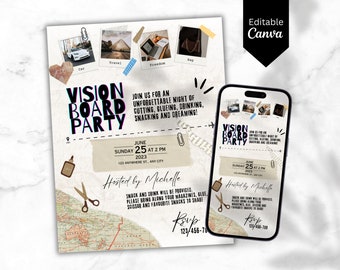 Peut inclure: Une invitation à une soirée de vision board avec une esthétique vintage. La conception comprend des images, du texte et des éléments décoratifs. L'invitation est affichée sur fond blanc et sur un écran de smartphone. Le texte dit "Vision Board Party".