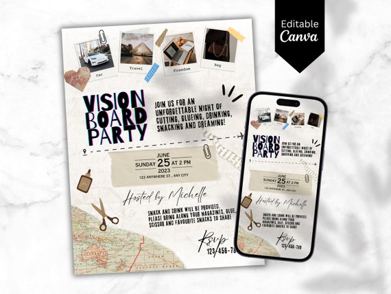 Vision Board Party Invitation, Vision Board Flyer or Vision Board Party Flyer, Vision Board Invitation,Vision Board Kit & Vision Board Words