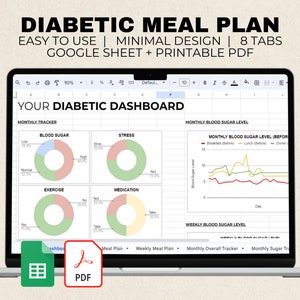 Piano alimentare per diabetici Fogli Google e pianificatore dei pasti Excel, con elenco degli alimenti per diabetici e registro della glicemia, grafico alimentare e piano alimentare a basso contenuto di carboidrati