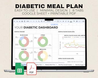 Może przedstawiać: Ekran laptopa wyświetlający arkusz kalkulacyjny Google Sheet z planem posiłków dla diabetyków. Arkusz kalkulacyjny zawiera zakładki dla planu posiłków, tygodniowego planu posiłków, miesięcznego ogólnego śledzenia i miesięcznego śledzenia cukru. Arkusz kalkulacyjny zawiera również wykresy dla poziomu cukru we krwi, stresu, ćwiczeń i leków.