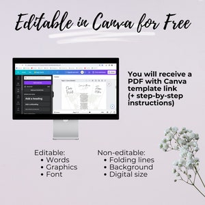 May include: A computer screen displaying a Canva design template with the text "Editable in Canva for Free". The template is a wedding invitation with a floral design. The text "You will receive a PDF with Canva template link (+ step-by-step instructions)" is displayed below the computer screen.
