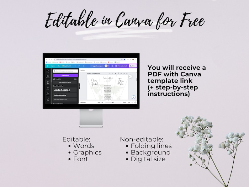 May include: A computer screen displaying a Canva design template with the text "Editable in Canva for Free". The template is a wedding invitation with a floral design. The text "You will receive a PDF with Canva template link (+ step-by-step instructions)" is displayed below the computer screen.