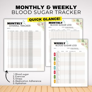K&ouml;nnte beinhalten: Ein Satz druckbarer Blutzucker-Tracker. Die Tracker umfassen einen monatlichen Gesamt-Tracker, ein monatliches Blutzuckerprotokoll und ein w&ouml;chentliches Blutzuckerprotokoll. Der Text enth&auml;lt "Monthly & Weekly Blood Sugar Tracker" und "Quick Glance!"