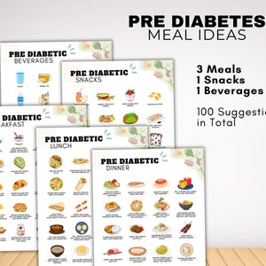 K&ouml;nnte beinhalten: Eine Sammlung von illustrierten Mahlzeitenplan-Ideen f&uuml;r Pr&auml;diabetes, einschlie&szlig;lich Fr&uuml;hst&uuml;ck, Mittagessen, Abendessen, Snacks und Getr&auml;nken. Das Bild zeigt mehrere farbenfrohe Diagramme mit Lebensmittelillustrationen und dem Text "PRE DIABETES MEAL IDEAS". Das Bild zeigt auch "3 Mahlzeiten, 1 Snack, 1 Getr&auml;nk, 100 Vorschl&auml;ge insgesamt".
