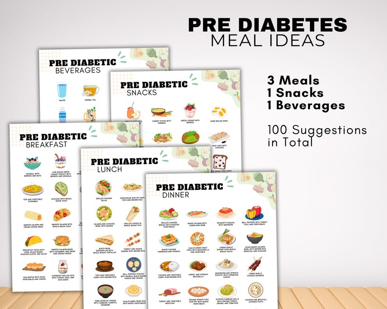 K&ouml;nnte beinhalten: Eine Sammlung von illustrierten Mahlzeitenplan-Ideen f&uuml;r Pr&auml;diabetes, einschlie&szlig;lich Fr&uuml;hst&uuml;ck, Mittagessen, Abendessen, Snacks und Getr&auml;nken. Das Bild zeigt mehrere farbenfrohe Diagramme mit Lebensmittelillustrationen und dem Text "PRE DIABETES MEAL IDEAS". Das Bild zeigt auch "3 Mahlzeiten, 1 Snack, 1 Getr&auml;nk, 100 Vorschl&auml;ge insgesamt".