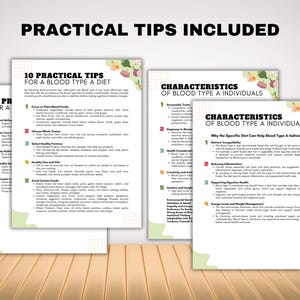 May include: A green and white infographic with the title "10 Practical Tips for a Blood Type A Diet" and "Characteristics of Blood Type A Individuals". The infographic lists dietary tips and characteristics of people with blood type A.