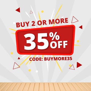 May include: A red and white sale banner with a white background and yellow rays. The banner says "BUY 2 OR MORE 35% OFF" and "CODE: BUYMORE35".