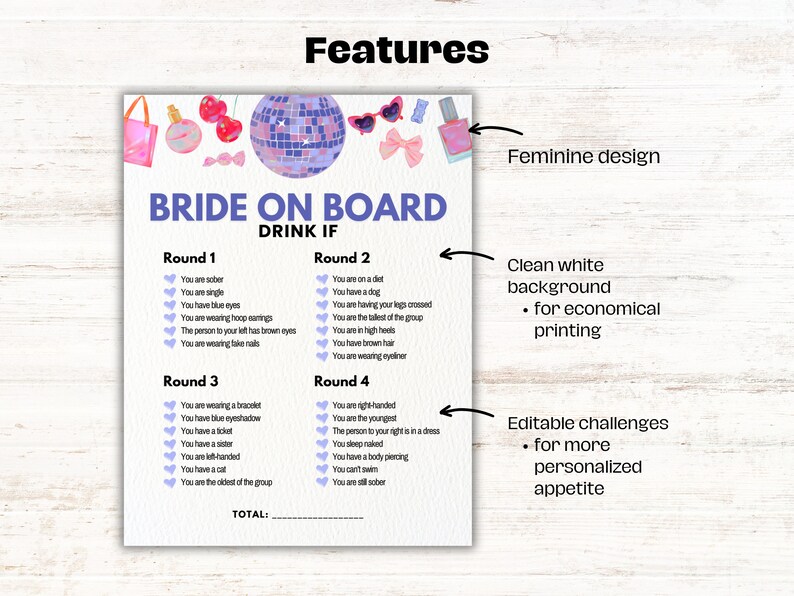 K&ouml;nnte beinhalten: Eine druckbare Brautparty-Spielkarte mit einem pinkfarbenen und violetten Discokugel-Design. Die Karte tr&auml;gt den Text "Bride on Board" und enth&auml;lt vier Runden mit Trinkspiel-Herausforderungen.