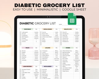 Editable Diabetic Grocery List Google Sheets, Type 2 Diabetes meal plan and food list, Excel Grocery List notepad with low carb food list