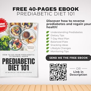 K&ouml;nnte beinhalten: Das Cover eines kostenlosen E-Books mit dem Titel "Prediabetic Diet 101" und dem Text "How to go from prediabetic to normal again". Das Cover zeigt ein gesundes Fr&uuml;hst&uuml;ck. Das E-Book enth&auml;lt einen 7-Tage-Essensplan.