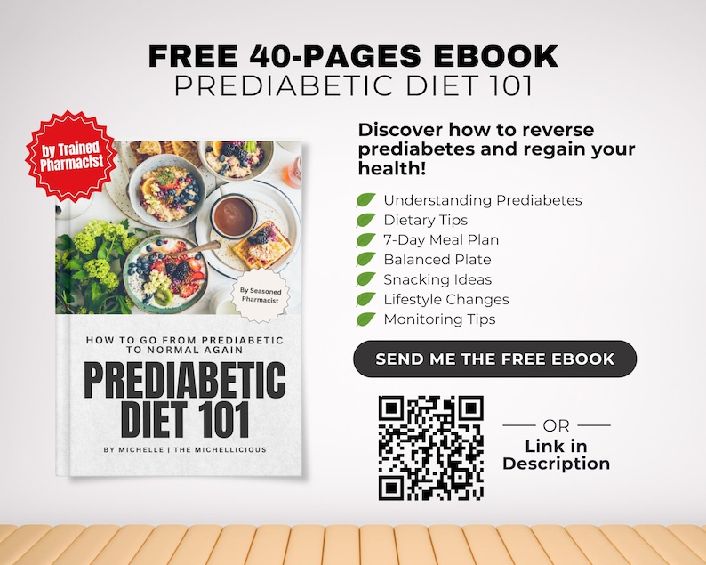 K&ouml;nnte beinhalten: Das Cover eines kostenlosen E-Books mit dem Titel "Prediabetic Diet 101" und dem Text "How to go from prediabetic to normal again". Das Cover zeigt ein gesundes Fr&uuml;hst&uuml;ck. Das E-Book enth&auml;lt einen 7-Tage-Essensplan.