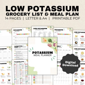 Könnte beinhalten: Ein druckbarer PDF-Leitfaden für eine kaliumarme Ernährung. Der Leitfaden enthält eine Einkaufsliste, einen Speiseplan und eine Lebensmitteltabelle. Das Cover zeigt einen grünen Hintergrund mit einem weißen Rand und den Text "Low Potassium Meal Planner".