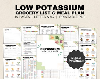 Paquete de plan de alimentación y lista de compras con bajo contenido de potasio, guía nutricional y porciones de comidas con lista de alimentos ricos en potasio, ideas de recetas para la enfermedad renal