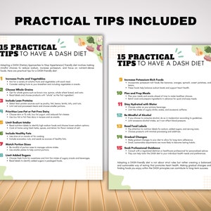 Pode incluir: Uma infografia de duas p&aacute;ginas com 15 dicas pr&aacute;ticas para ter uma dieta DASH. As dicas s&atilde;o listadas em um formato numerado com marcadores que explicam cada dica. A infografia est&aacute; em um fundo branco com um padr&atilde;o xadrez verde e branco.