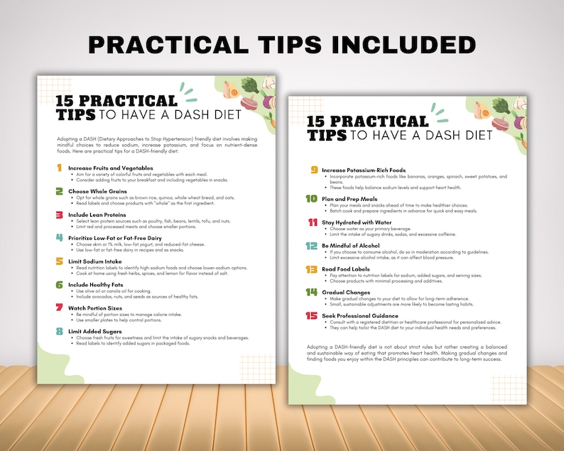 Pode incluir: Uma infografia de duas p&aacute;ginas com 15 dicas pr&aacute;ticas para ter uma dieta DASH. As dicas s&atilde;o listadas em um formato numerado com marcadores que explicam cada dica. A infografia est&aacute; em um fundo branco com um padr&atilde;o xadrez verde e branco.