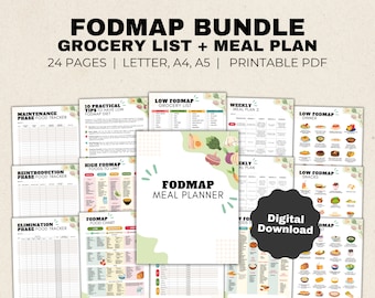 Puede incluir: Un paquete FODMAP imprimible para la planificación de comidas y la compra de comestibles. El paquete incluye 24 páginas de PDF imprimibles con planes de comidas, listas de compras y rastreadores de alimentos. El paquete está disponible como descarga digital.