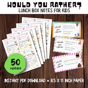 May include: A set of 50 printable "Would You Rather?" cards for kids. The cards are designed for lunch boxes and feature colorful illustrations and fun questions. The text on the cards reads "Would You Rather?" and "50 notes".