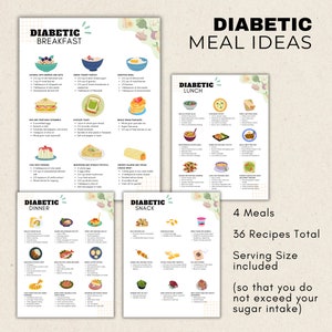May include: A printable guide with 36 recipes for diabetic meals, divided into breakfast, lunch, dinner, and snack categories. The guide includes a serving size and a note that the recipes are designed to help manage sugar intake.