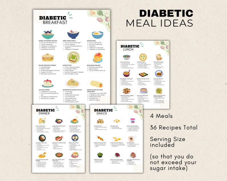 May include: A printable guide with 36 recipes for diabetic meals, divided into breakfast, lunch, dinner, and snack categories. The guide includes a serving size and a note that the recipes are designed to help manage sugar intake.