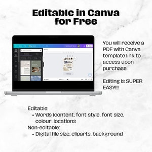 May include: A laptop displaying a Canva template with the text "Editable in Canva for Free." The screen shows a design with editable elements, including words, font style, and color. The text also mentions a PDF with a Canva template link.