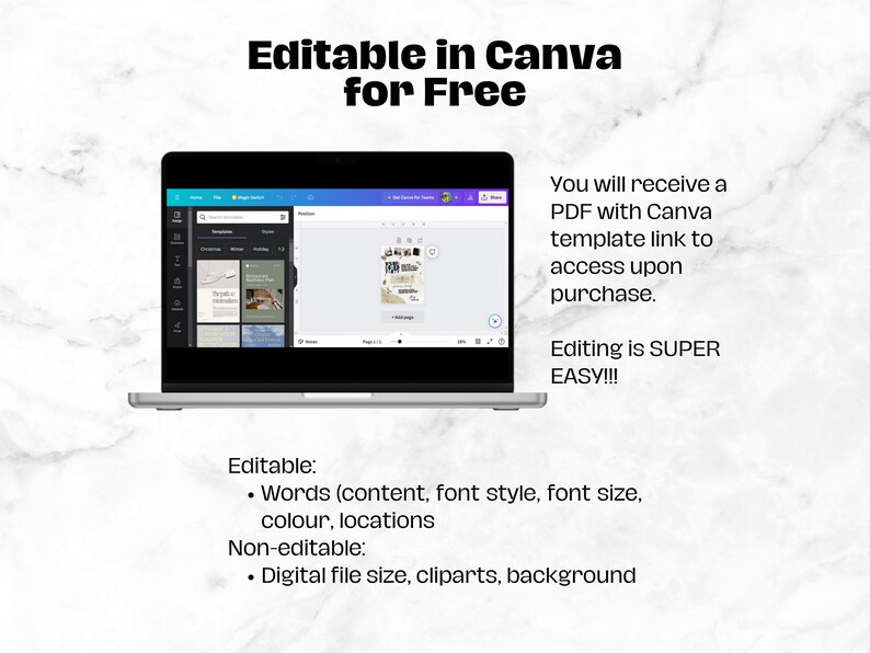 May include: A laptop displaying a Canva template with the text "Editable in Canva for Free." The screen shows a design with editable elements, including words, font style, and color. The text also mentions a PDF with a Canva template link.