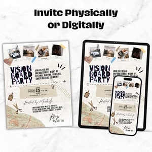 May include: A digital invitation for a Vision Board Party, displayed on a printed flyer, a tablet, and a smartphone. The design includes travel-themed elements, scissors, and the text "Invite Physically or Digitally."