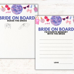 K&ouml;nnte beinhalten: Zwei druckbare Brautparty-Spielkarten mit einer Discokugel, Kirschen, Parf&uuml;mfl&auml;schchen, Sonnenbrillen und Schleifen. Die erste Karte lautet "Bride on Board Guess the Dress" und zeigt zwei Strichzeichnungen einer Frau. Die zweite Karte lautet "Bride on Board Favourite Memory with the Bride" und hat Zeilen zum Schreiben.