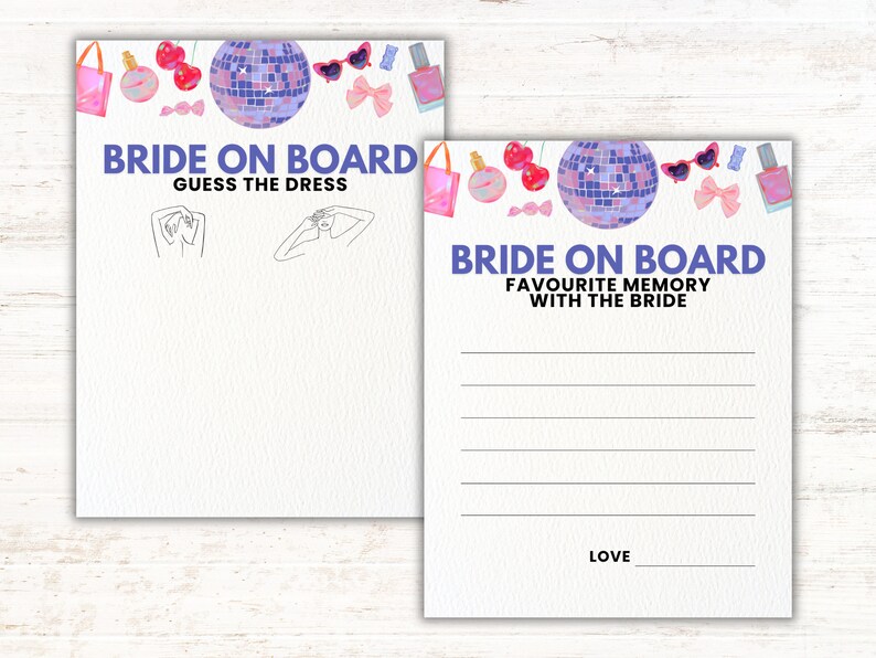 K&ouml;nnte beinhalten: Zwei druckbare Brautparty-Spielkarten mit einer Discokugel, Kirschen, Parf&uuml;mfl&auml;schchen, Sonnenbrillen und Schleifen. Die erste Karte lautet "Bride on Board Guess the Dress" und zeigt zwei Strichzeichnungen einer Frau. Die zweite Karte lautet "Bride on Board Favourite Memory with the Bride" und hat Zeilen zum Schreiben.