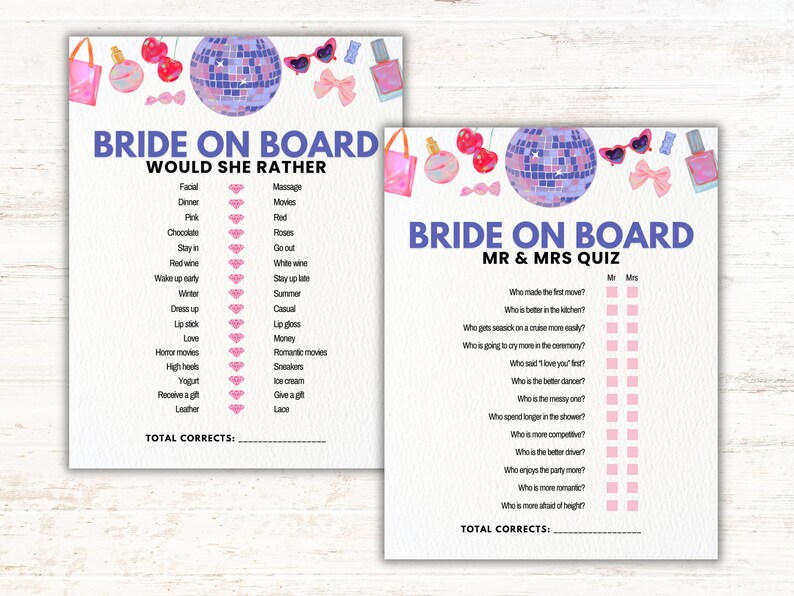 K&ouml;nnte beinhalten: Ein druckbares Brautparty-Spiel mit zwei Seiten. Die erste Seite ist ein "Bride on Board"-Spiel, bei dem die G&auml;ste erraten m&uuml;ssen, welche von zwei Optionen die Braut bevorzugen w&uuml;rde. Die zweite Seite ist ein "Bride on Board Mr. & Mrs. Quiz", bei dem die G&auml;ste erraten m&uuml;ssen, wer bestimmte Dinge in der Beziehung tut. Beide Seiten zeigen eine Discokugel, Kirschen, Sonnenbrillen und Nagellack.