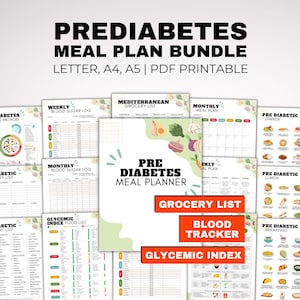 May include: A collection of printable PDF documents for prediabetes meal planning. The bundle includes grocery lists, blood sugar logs, meal planners, and a glycemic index food list. The documents are designed for letter, A4, and A5 sizes.