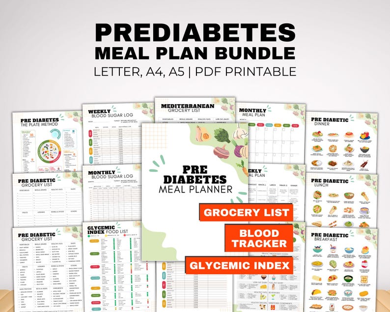 K&ouml;nnte beinhalten: Eine Sammlung druckbarer PDF-Dokumente f&uuml;r die Essensplanung bei Pr&auml;diabetes. Das Bundle enth&auml;lt Einkaufslisten, Blutzuckerprotokolle, Essensplaner und eine glyk&auml;mische Index-Lebensmittelliste. Die Dokumente sind f&uuml;r Letter-, A4- und A5-Formate.