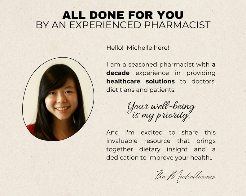 Pode incluir: Uma mulher sorridente com cabelo escuro e uma camisa vermelha &eacute; retratada em um c&iacute;rculo. O texto diz "Tudo feito para voc&ecirc; por um farmac&ecirc;utico experiente." O texto continua com "Ol&aacute;! Michelle aqui! Sou uma farmac&ecirc;utica experiente com uma d&eacute;cada de experi&ecirc;ncia em fornecer solu&ccedil;&otilde;es de sa&uacute;de para m&eacute;dicos, nutricionistas e pacientes. O seu bem-estar &eacute; a minha prioridade. E estou animada para compartilhar este recurso valioso que re&uacute;ne insights diet&eacute;ticos e uma dedica&ccedil;&atilde;o para melhorar a sua sa&uacute;de... The Michellicions"