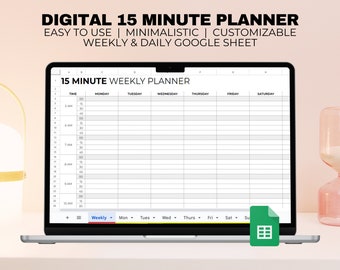 Planilha Google personalizável de 15 minutos, planejador de bloqueio de tempo, programação semanal diária, intervalos de tempo diários com rastreador de 15 minutos