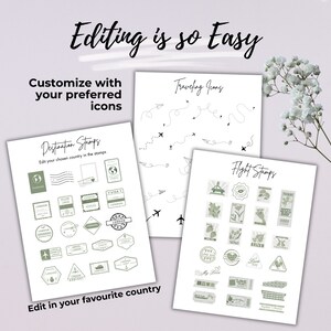 May include: Printable digital planner pages with green and black travel themed stamps and icons. The pages include destination stamps, flight stamps, and traveling icons. The text on the page reads "Editing is so Easy", "Customize with your preferred icons", "Destination Stamps", "Edit your chosen country in the stamps", "Traveling Icons", "Flight Stamps", and "Edit in your favourite country".