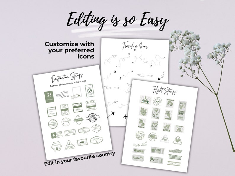 May include: Printable digital planner pages with green and black travel themed stamps and icons. The pages include destination stamps, flight stamps, and traveling icons. The text on the page reads "Editing is so Easy", "Customize with your preferred icons", "Destination Stamps", "Edit your chosen country in the stamps", "Traveling Icons", "Flight Stamps", and "Edit in your favourite country".