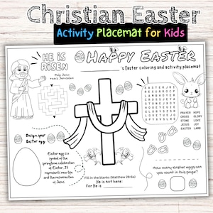 Educational Christian Easter Placemats for Kids, Easter Puzzle for Easter family games, Easter coloring page & He is Risen activity placemat