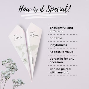 May include: Two paper airplanes with the words "Dear" and "From" written on them. The airplanes are folded in half and are facing each other. The text "How is it Special?" is written at the top of the image. Below the airplanes is a list of reasons why the airplanes are special, including "Thoughtful and different", "Editable", "Playfulness", "Keepsake value", "Versatile for any occasion", and "Can be paired with any gift".