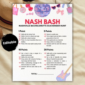 Bearbeitbare Bachelorette Nashville Schnitzeljagd, Nash Bash Bar Schnitzeljagd für Nashville Braut als Last Hoe Down Event, Nashville Girls Trip