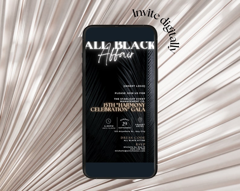 May include: A black and gold digital invitation for an All Black Affair. The event is hosted by The Starlight Event Management Co. and is celebrating the 15th "Harmony Celebration" Gala. The event will be held on Sunday, September 29th at 4:00 PM at the Faucet Hotel. The dress code is all black attire. RSVP by May 15th.