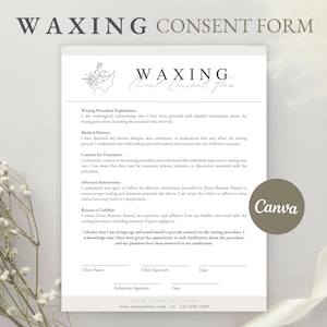 May include: A light beige waxing consent form with the title "WAXING CONSENT FORM" in a serif font. The form includes sections for procedure explanation, medical history, and client consent. The Canva logo is visible.